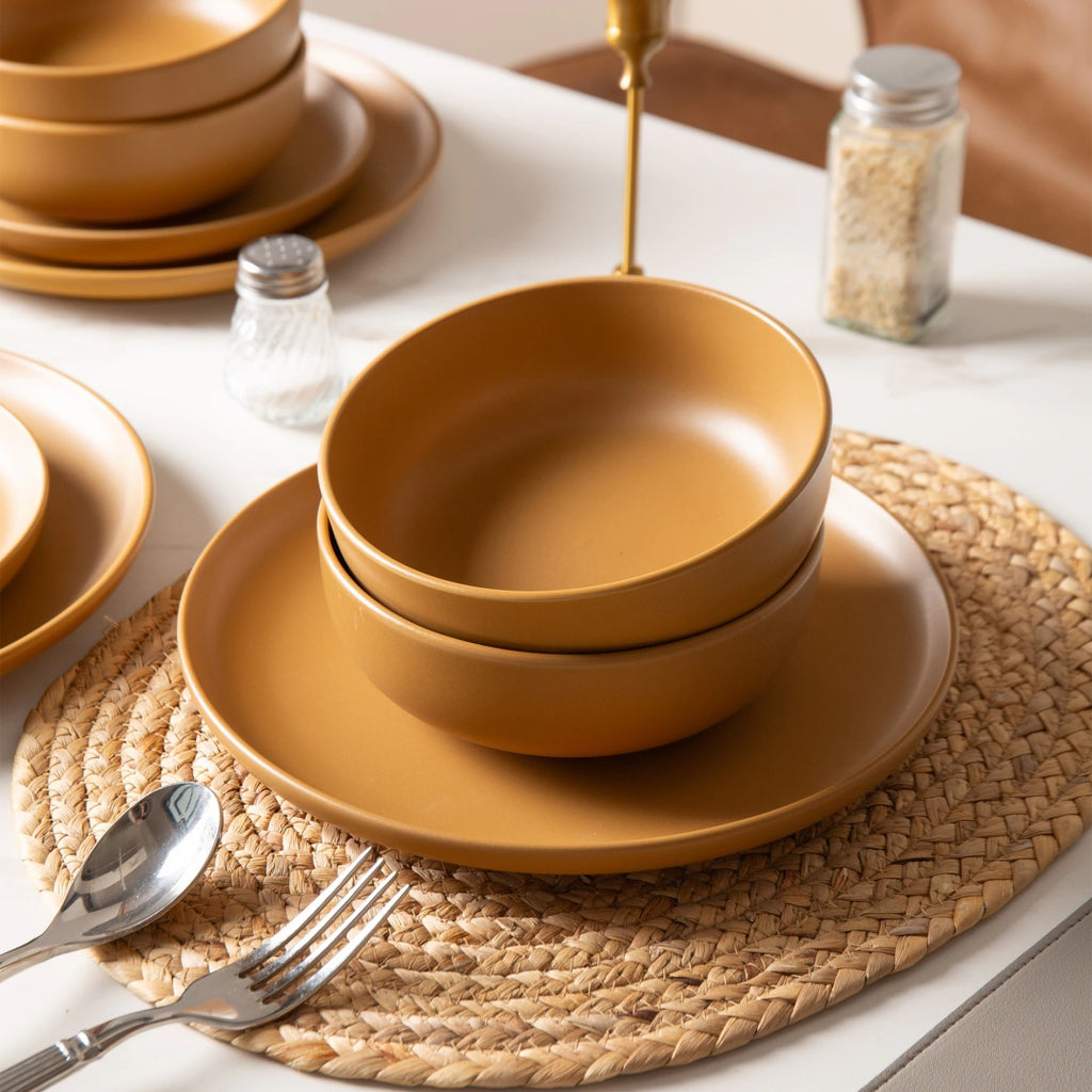 12-Piece Stoneware Dinner Plates Bowls Sets   Microwave & Dishwasher Safe   Non-Toxic Dinner Plates Bowls Set   Stackable Matte Glaze Kitchenware For 4