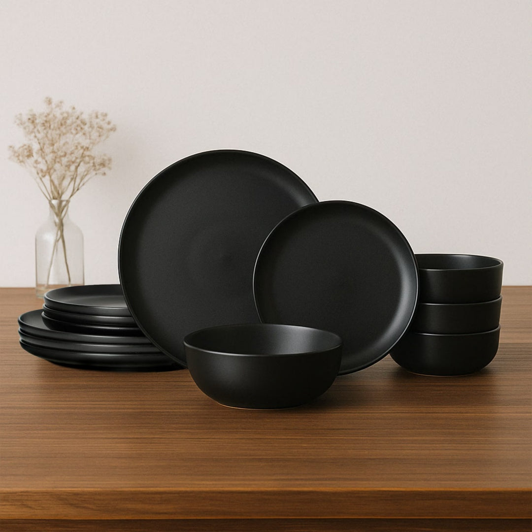 12-Piece Stoneware Dinner Plates Bowls Sets  Microwave & Dishwasher Safe   Non-Toxic Dinner Plates Bowls Set   Stackable Matte Glaze Kitchenware For 4