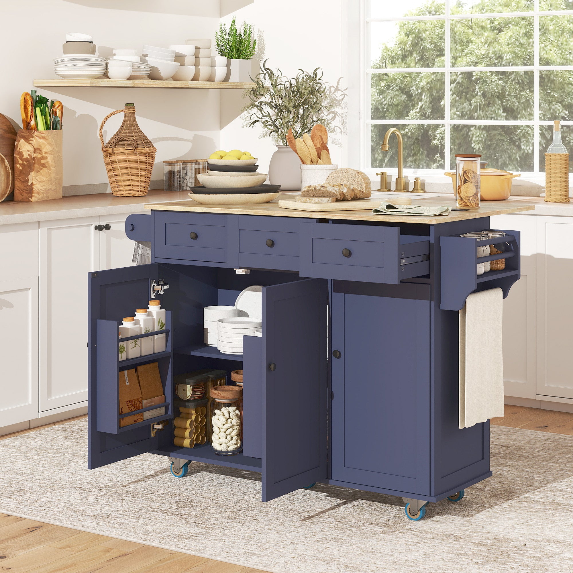 Kitchen Island on Wheels with Drop Leaf, Charging Station, Rolling Kitchen Cart with Wood Top, Adjustable Shelf, Blue