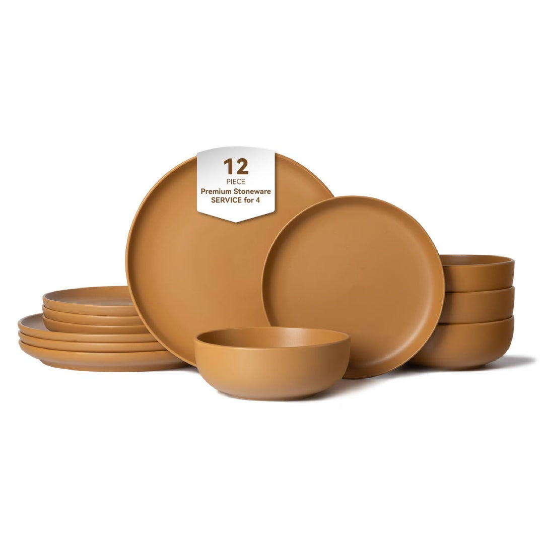 12-Piece Stoneware Dinner Plates Bowls Sets   Microwave & Dishwasher Safe   Non-Toxic Dinner Plates Bowls Set   Stackable Matte Glaze Kitchenware For 4
